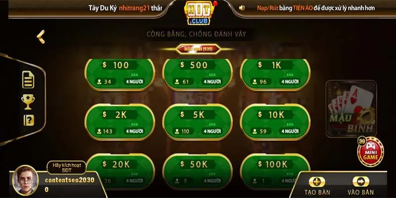 Chơi Mậu Binh Hitclub Đổi Thưởng Lên Đến 100 Triệu Tìm phòng và bắt đầu chơi Mậu Binh